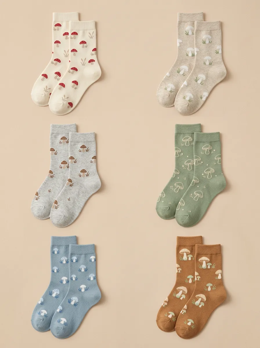 Women's Mushroom Grass Ribbed Mid Calf Crew Socks Six Pair Set
