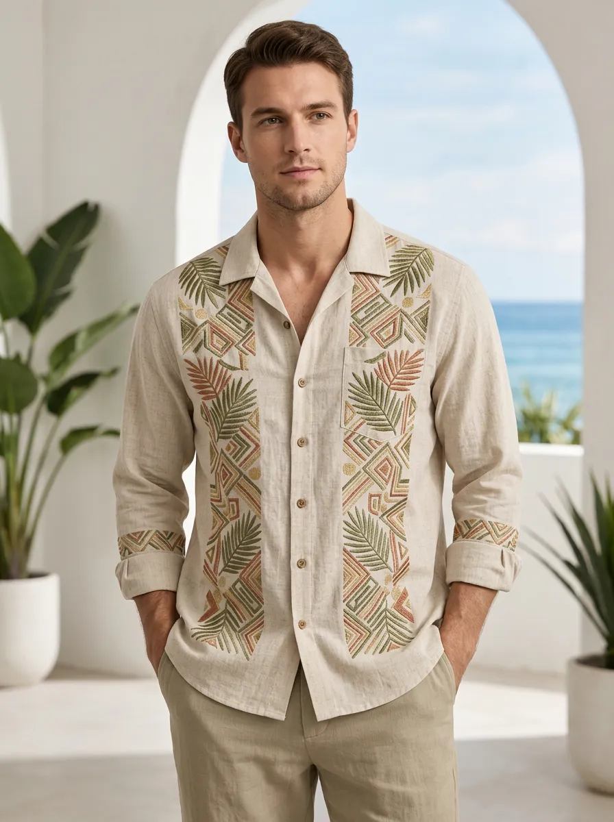 Men's Resort Inspired Palm Leaf Geometric Embroidered Linen Shirt