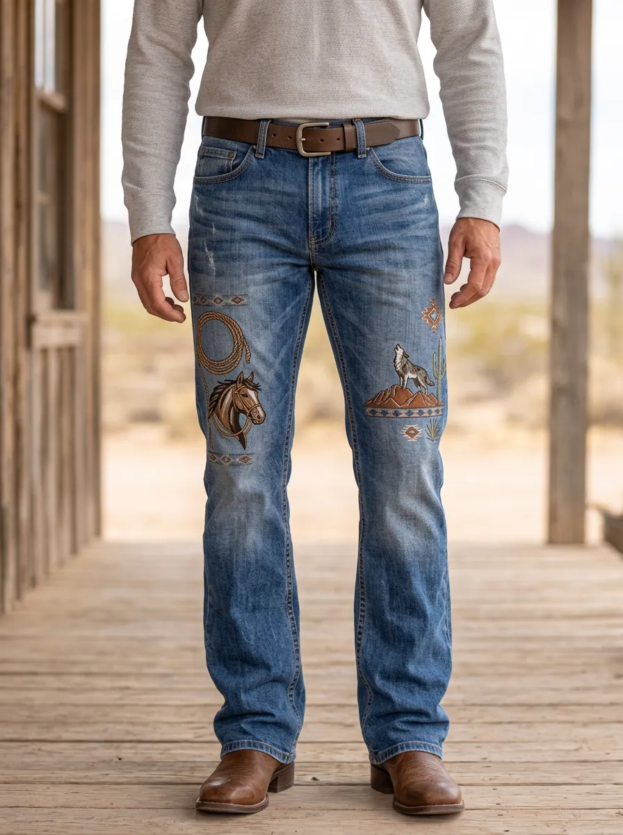 Men's Western Cowboy Horse Wolf Printed Jeans