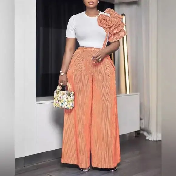 Crew-neck Short-sleeved Striped Wide-leg Pants Palazzo Set