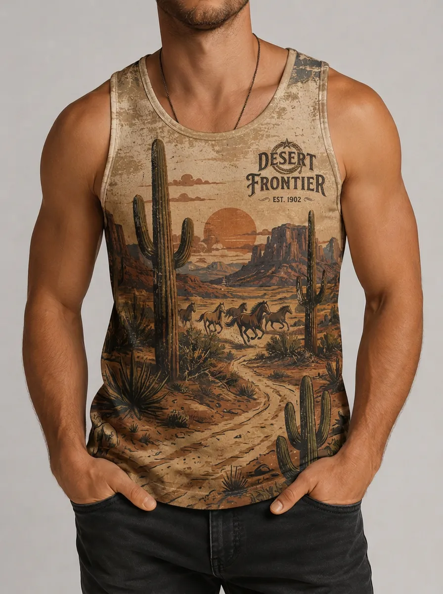 Men's Desert Frontier Wild Horse Cactus Printed Tank Top
