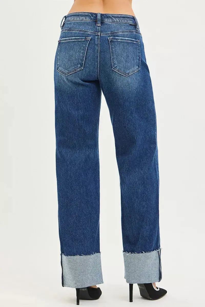Mid-Rise Relaxed Raw-Hem Washed Wide Straight Jeans