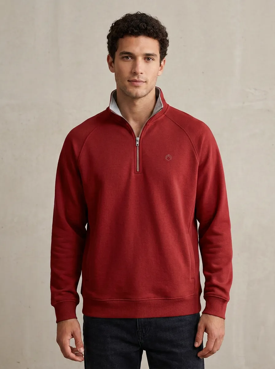 Men's Clean-Line Minimalist Textured Raglan Embroidered Emblem Quarter-Zip Sweatshirt