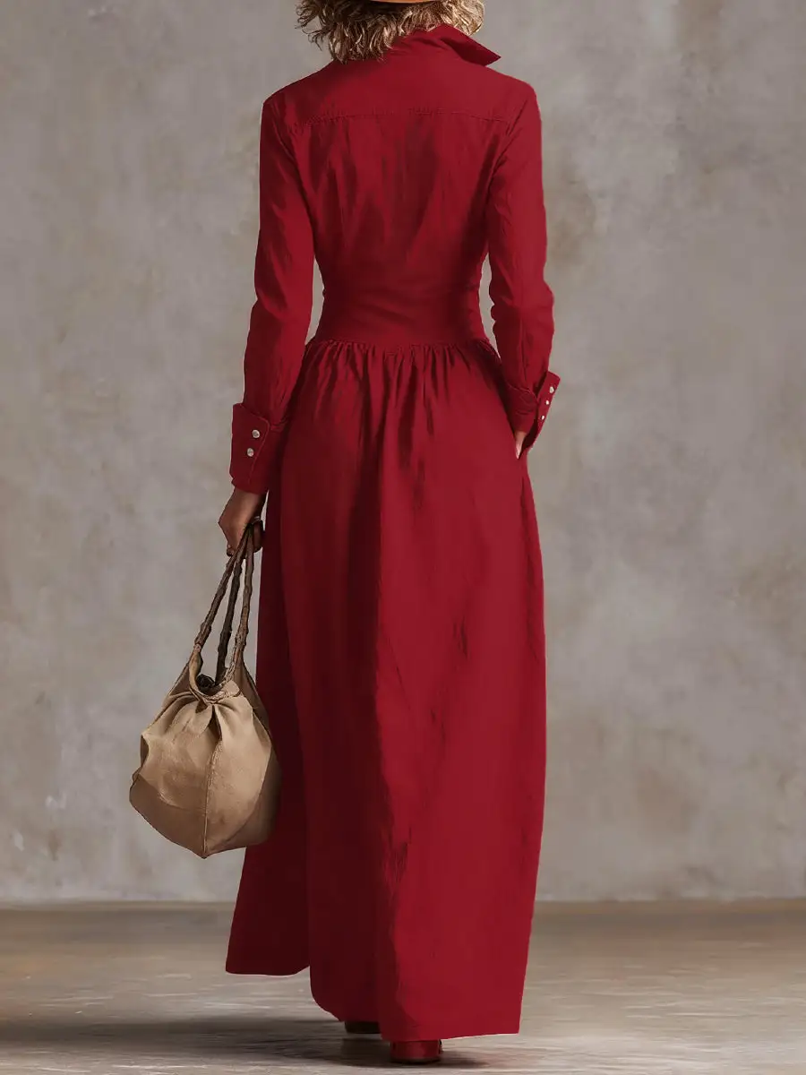 High Pleated Buttoned Long Maxi Dress