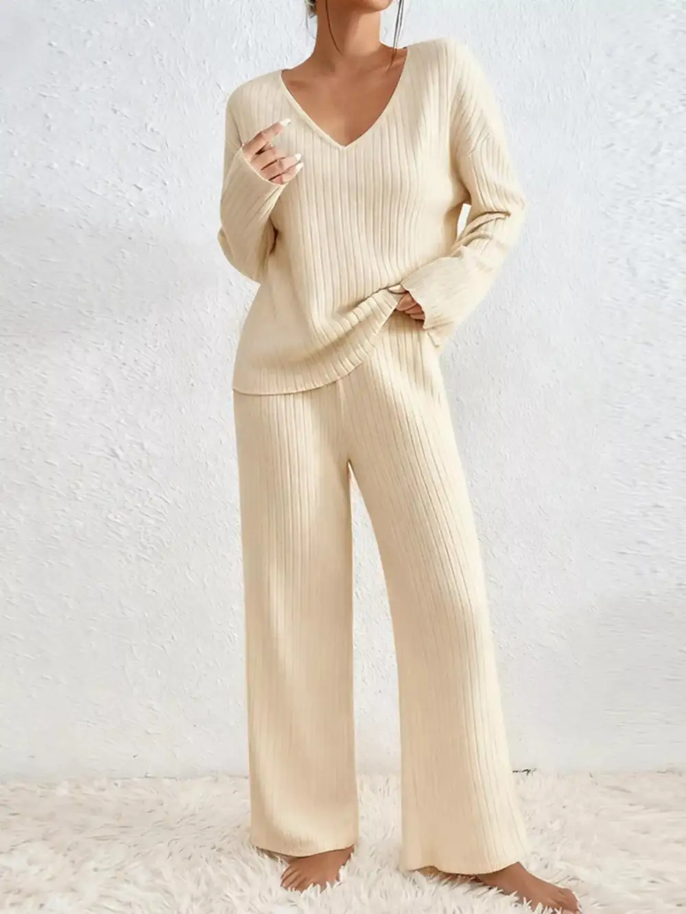Ribbed Knit V Neck Top and Pants Set