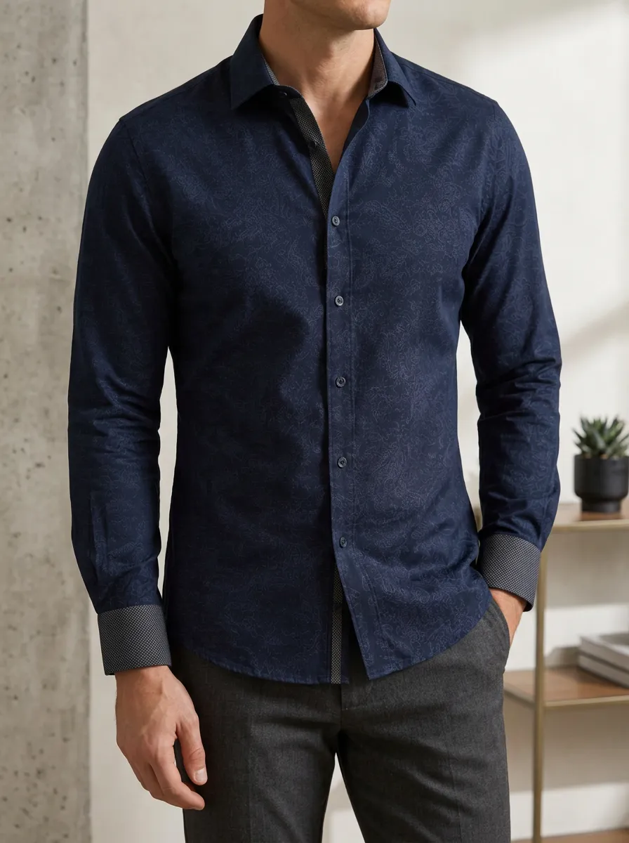 Men's Navy Paisley Pattern Slim Fit Printed Shirt
