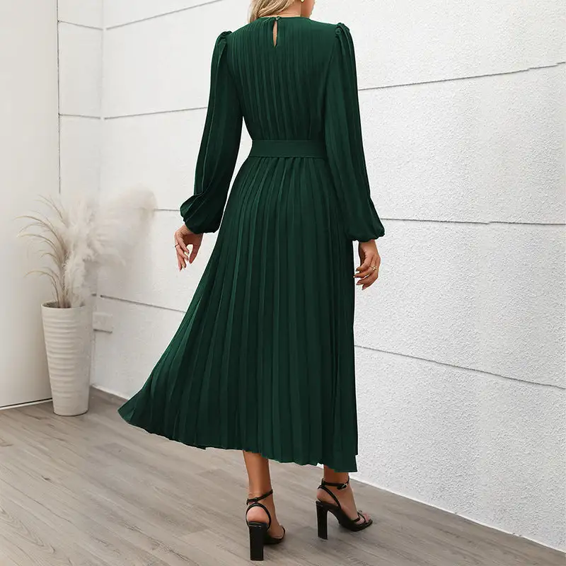 Women's Long-Sleeve Pleated Midi Dress