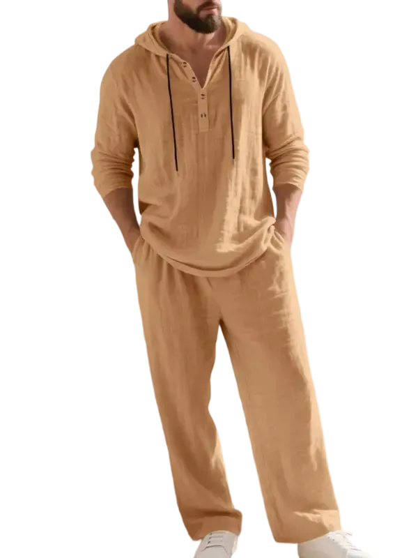 Men's fashionable linen hooded two-piece set, casual vacation style