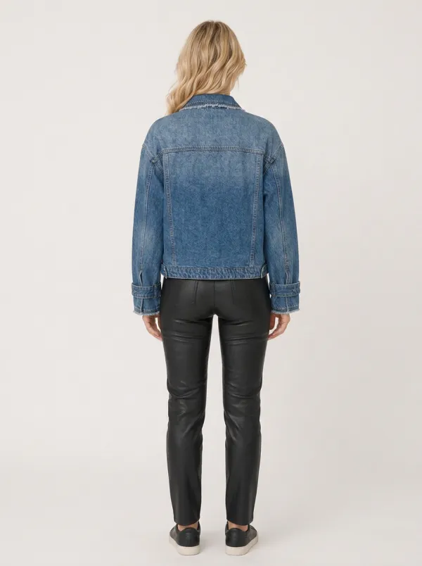 Women's Vintage Distressed Denim Multi-Pocket Drawstring Jacket