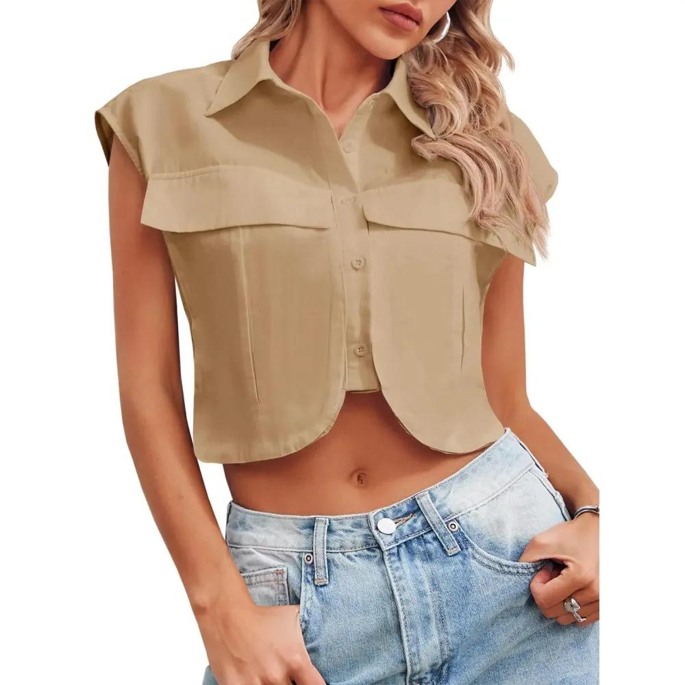 Womens Button Down Shirts Cute Summer Cap Sleeve Crop Tops
