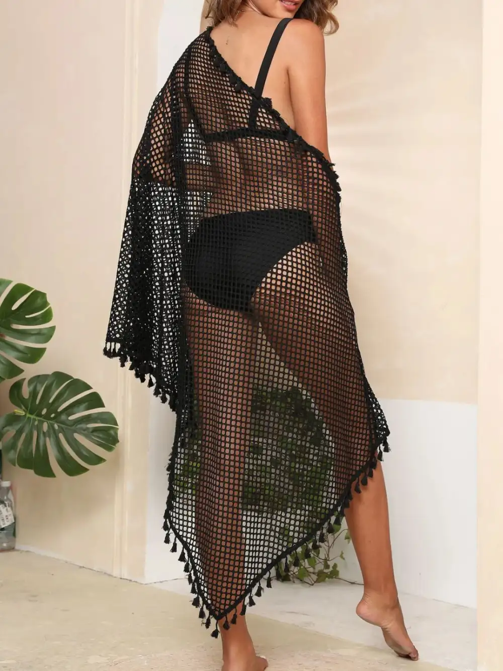 Tassel Openwork Open Front Swim Cover Up
