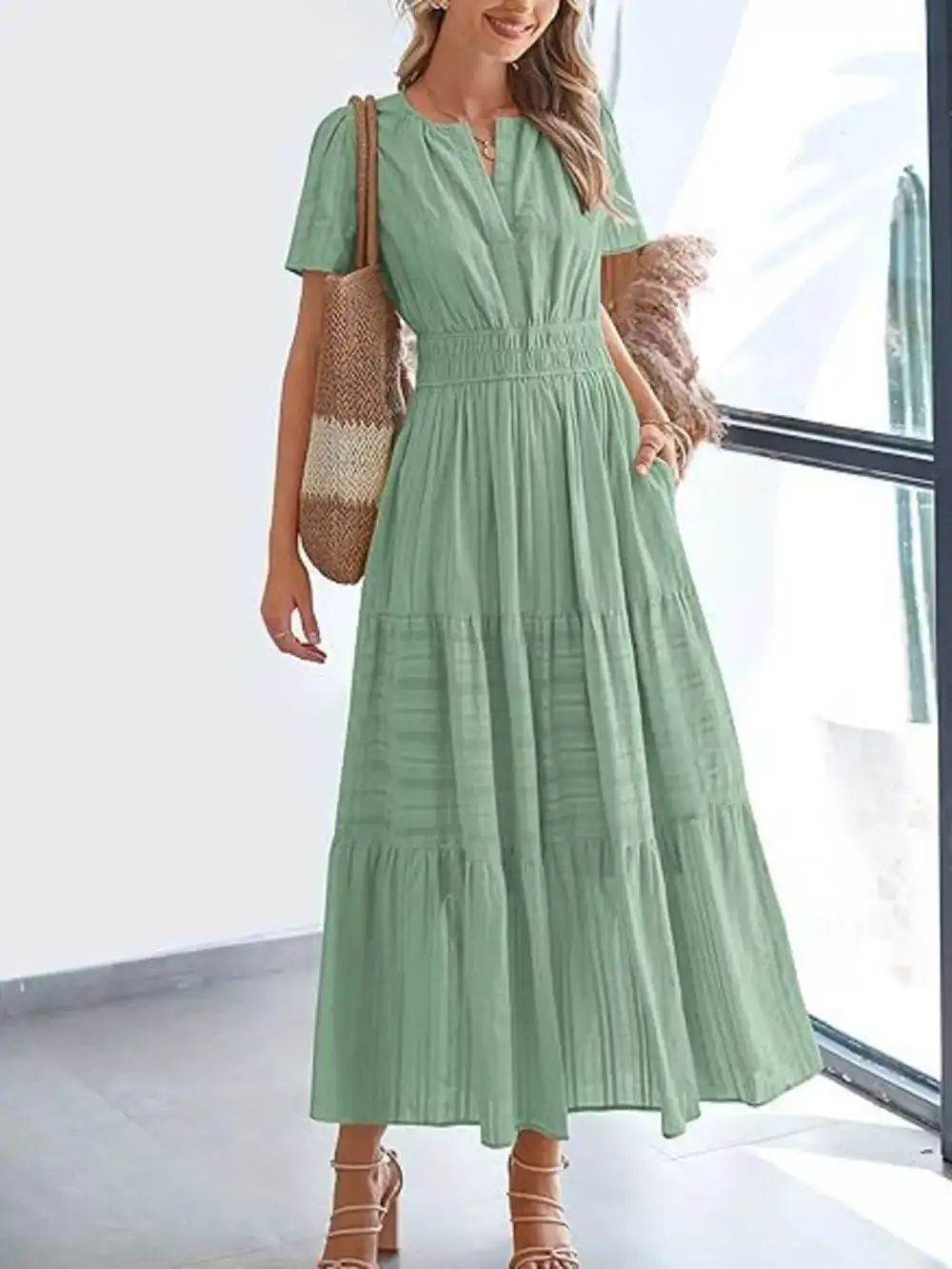 Full Size Short Sleeve Tiered Midi Dress Plus Size