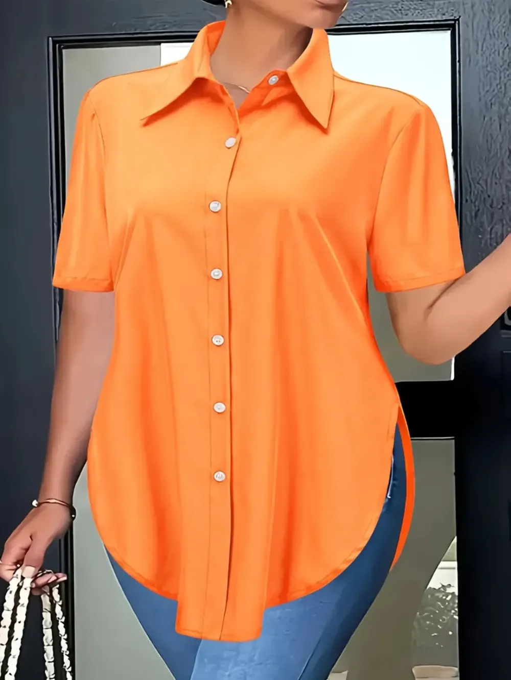 Solid Color Irregular Button Short Sleeve Shirt
