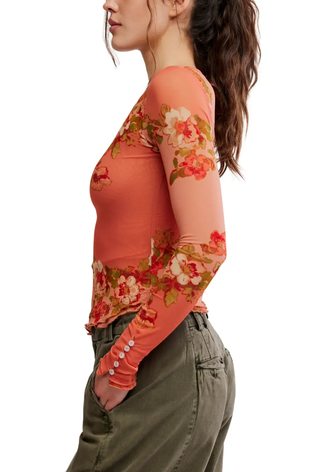 Floral Mesh Fitted Long Sleeve Tee