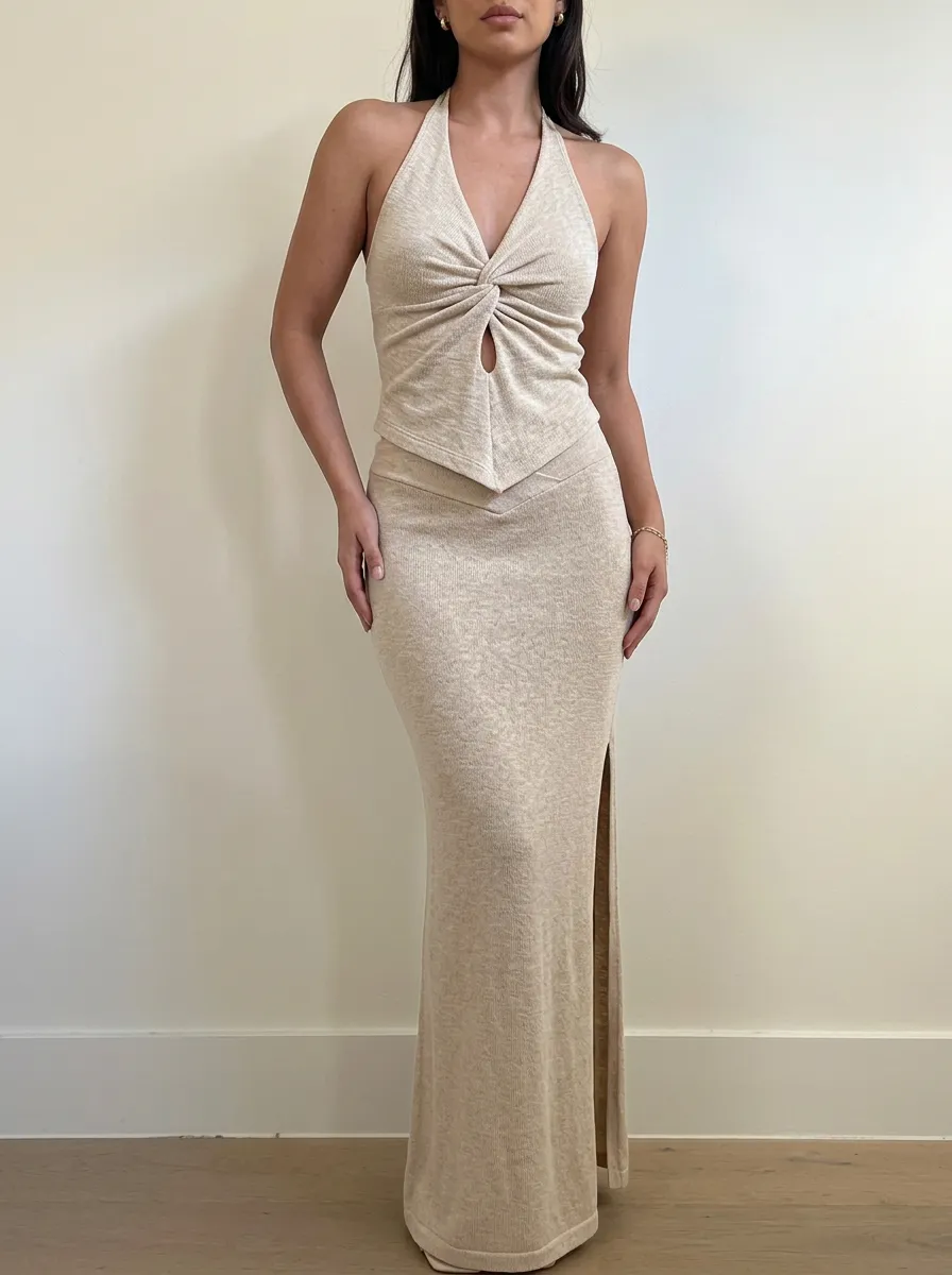 Women's Sexy Summer Beige Halter Twist Top and Slit Maxi Skirt Set