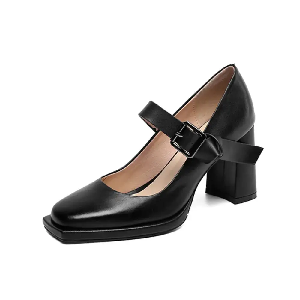 Round Toe Lace Up Buckle Strap Chunky Heel Pumps