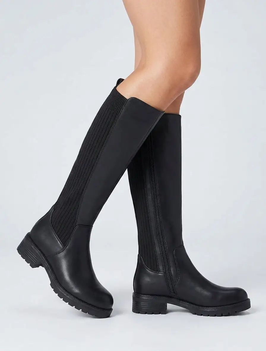 Rugged Stretch Panel Block Heel Faux Leather Knee High Boots