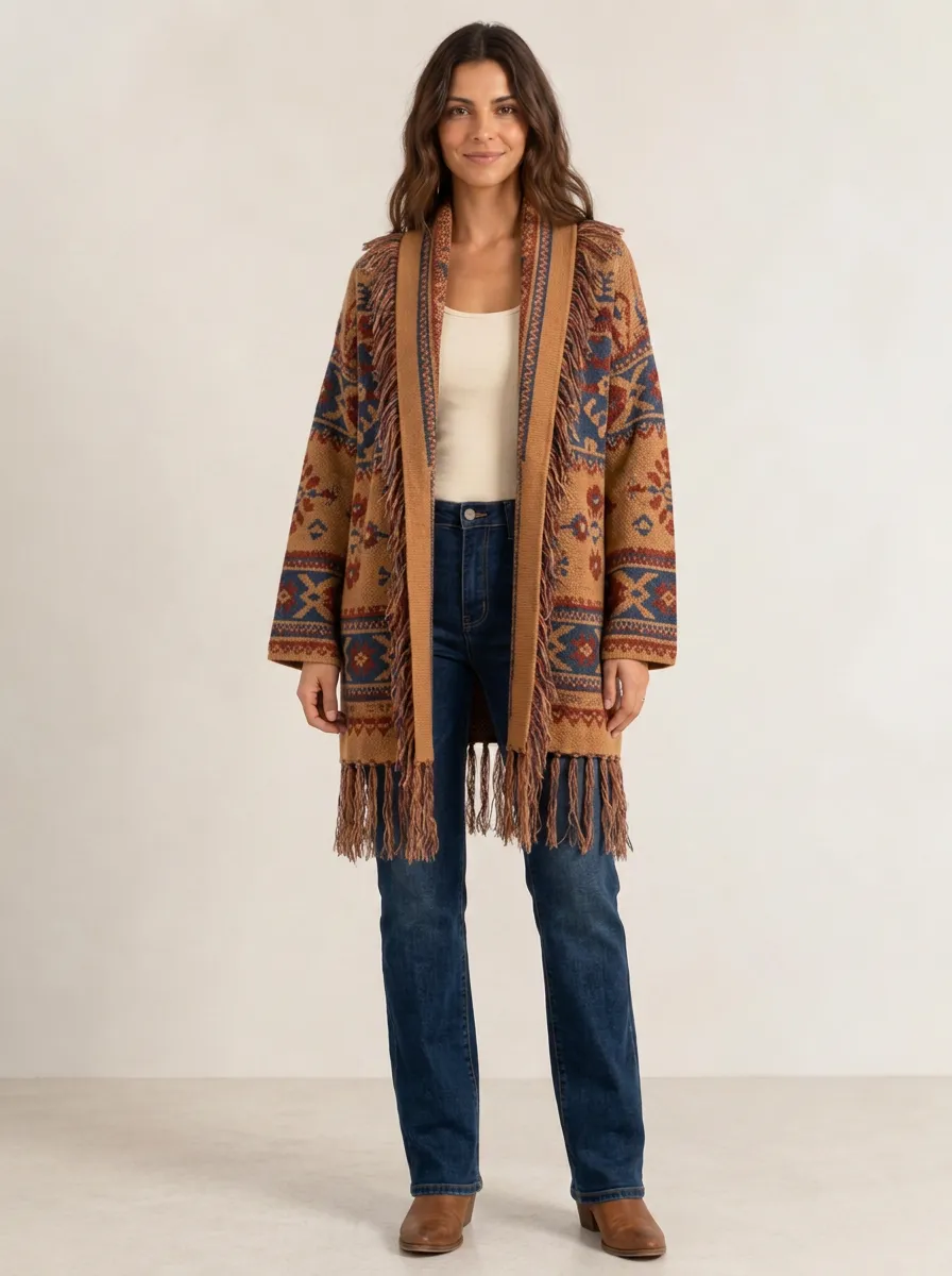 Women's Boho Aztec Pattern Fringe Trimmed Cardigan