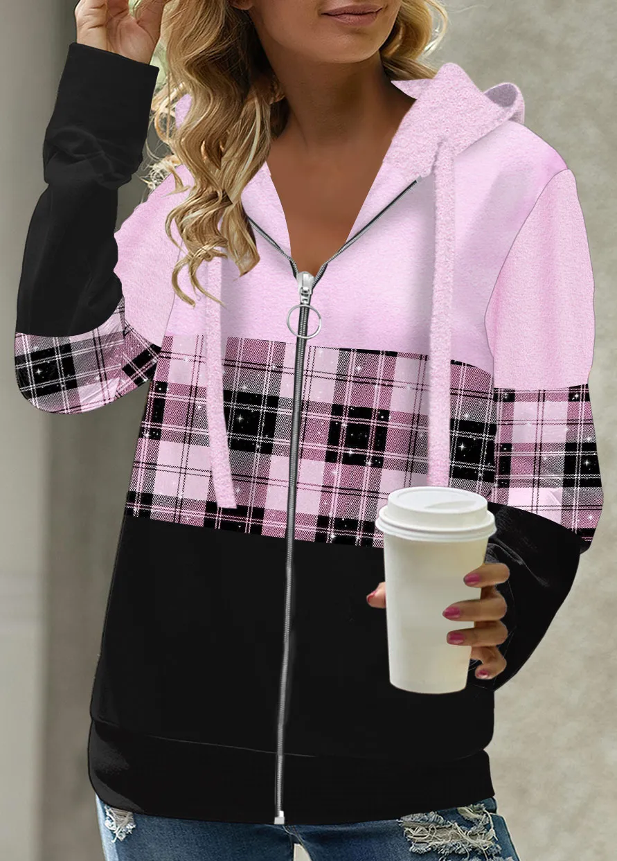 Red Patchwork Plaid Long Sleeve Hoodie