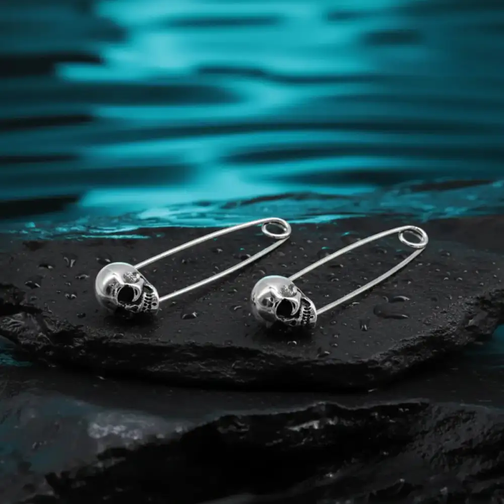 Men's Skull Safety Pin Earrings