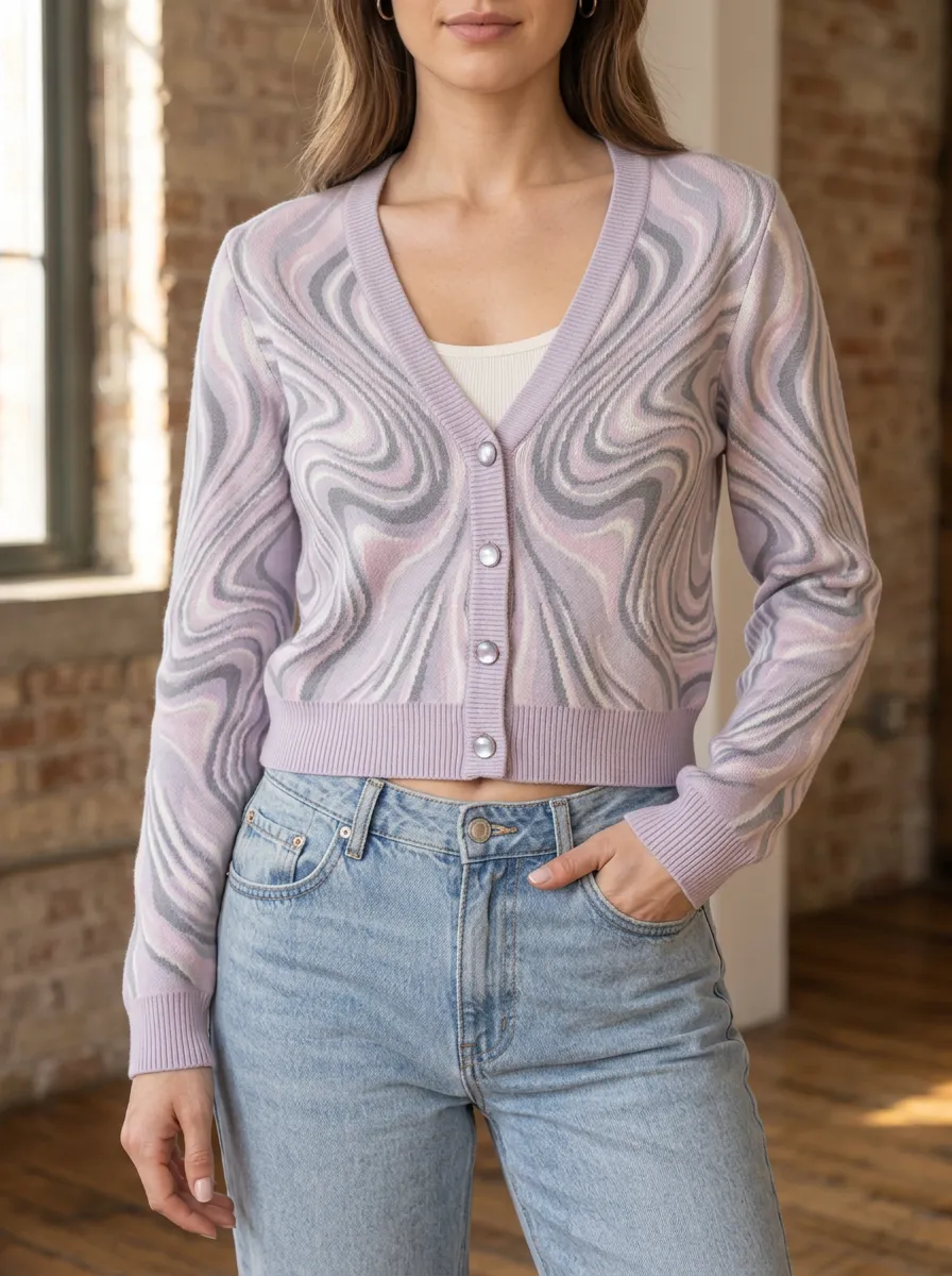 Women's Y2K Aesthetic Swirl Printed Ribbed Trim Everyday Layering Cardigan