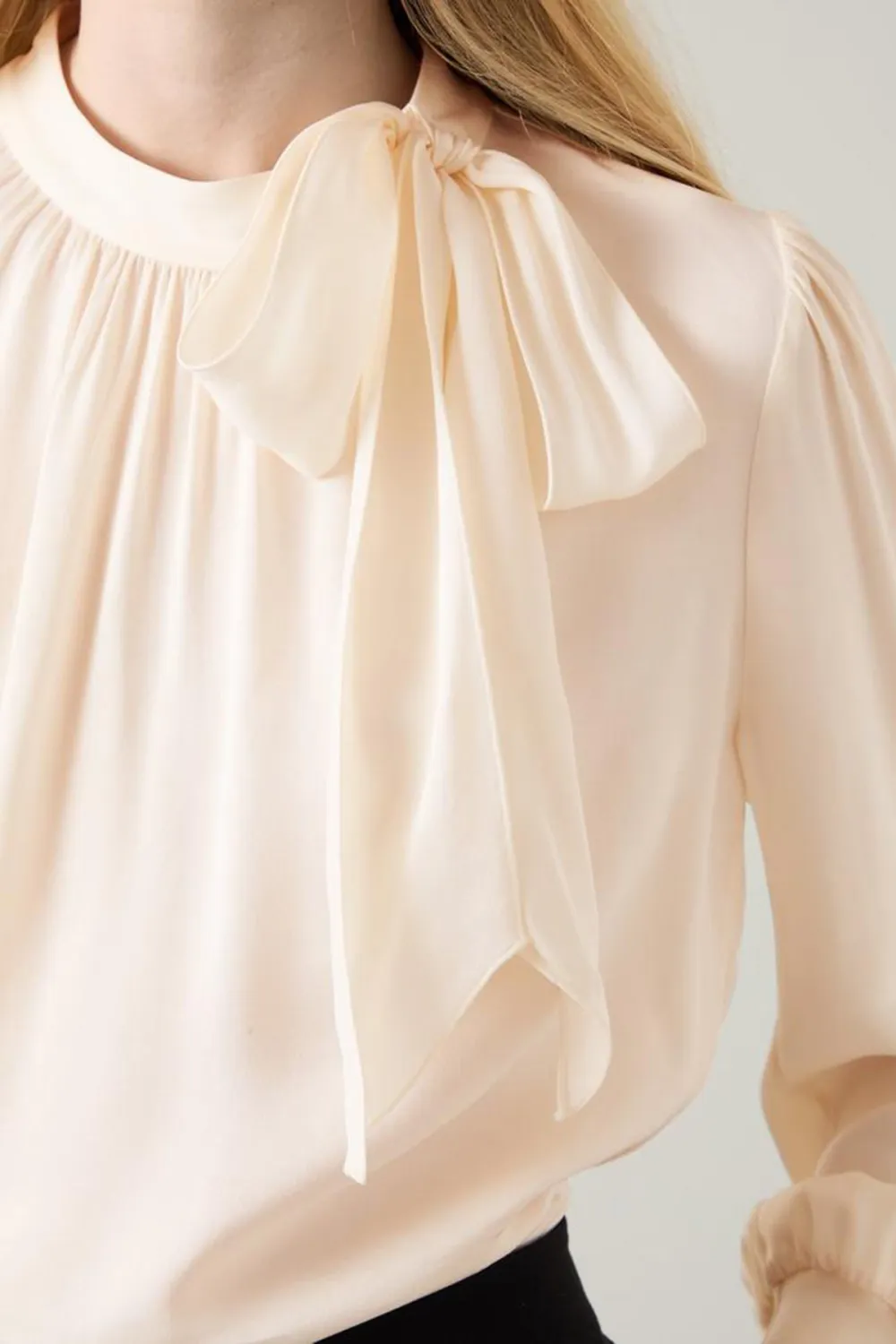 Cream Tie Neck Long Sleeve Blouse