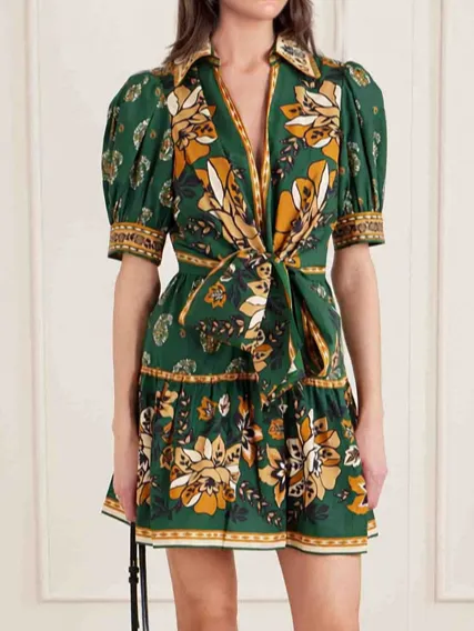 Printed Puff Sleeve Twist Front Mini Dress