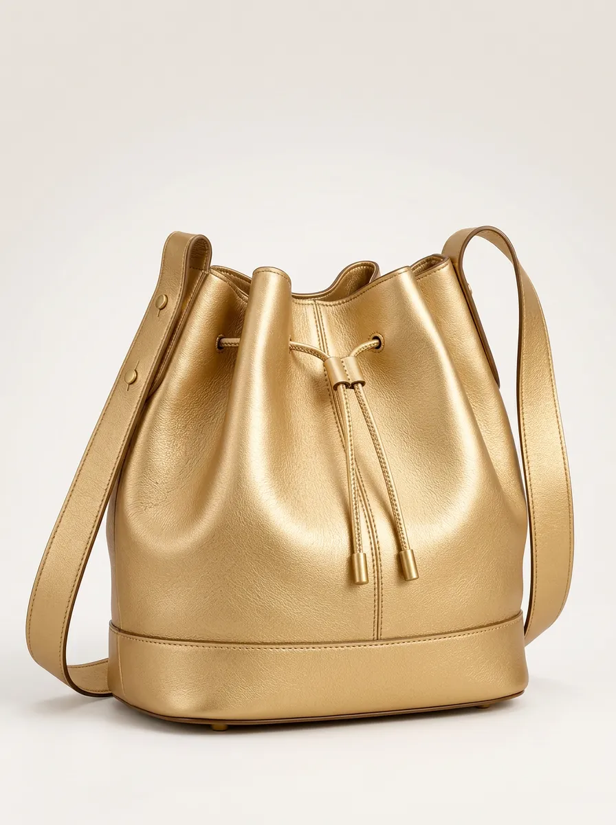 Women's Modern Metallic Gold Finish Gold Tone Bucket Handbag