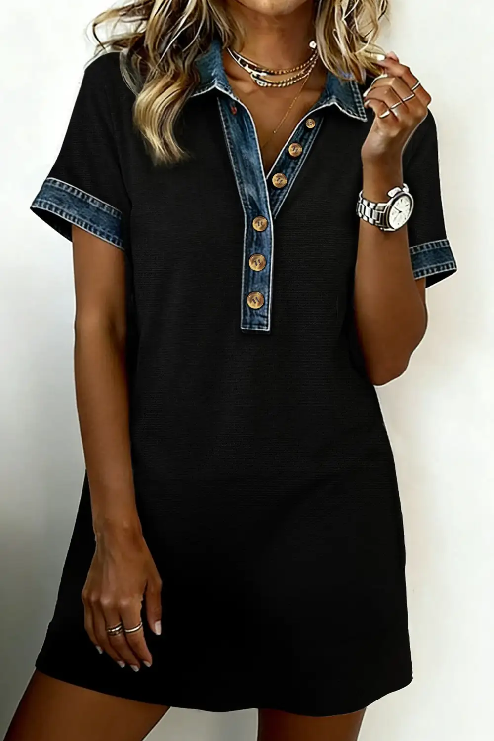 Structured Shape Patchwork Denim Knit Sweater Dress