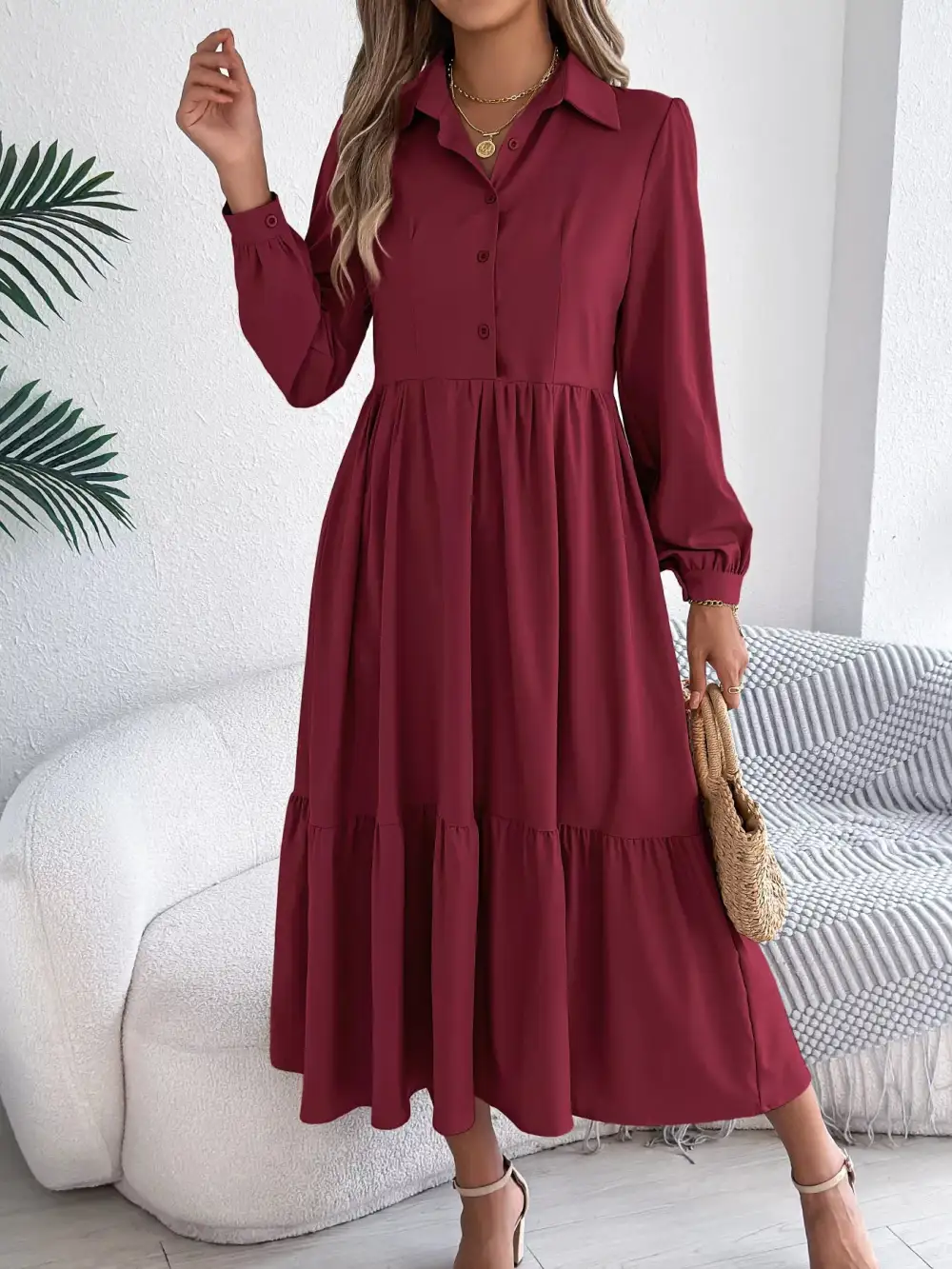Button Front Tiered Long Sleeve Midi Dress
