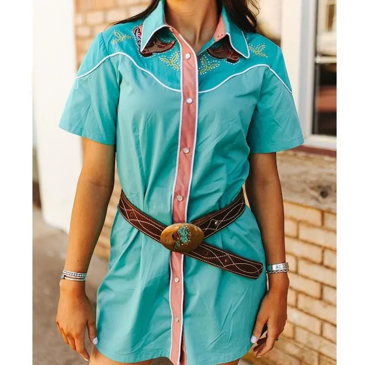 Embroidered Short Sleeve Button Front Casual Dress