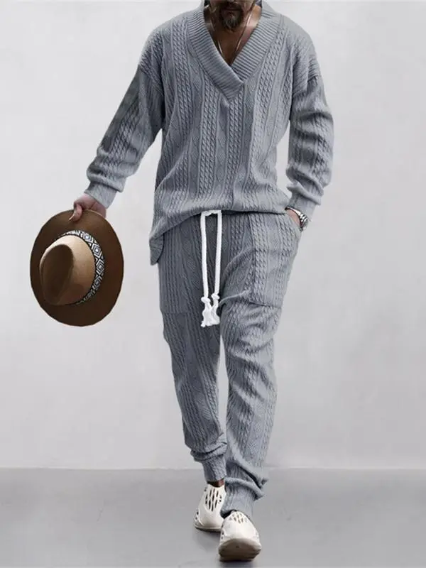 Men's Jacquard Drop Shoulder V Neck Top & Drawstring Waist Pants, Casual Fashion Pullover & Pocket Trousers for Daily Wear, Tracksuit Set, Tracksuits, Mens Jogger Sets, Sweat Suits Workout, Men's 2 Piece Set, Menswear, Clothes, Formal Wear, Sweat Set