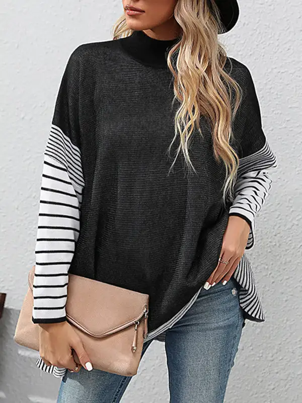 Striped Mock Neck Long Sleeve Relaxed Fit Pullover Sweater