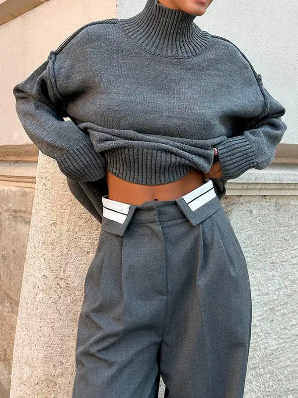 Paneled High Neck Long Sleeve Relaxed Fit Easy Fit Pullover Sweater