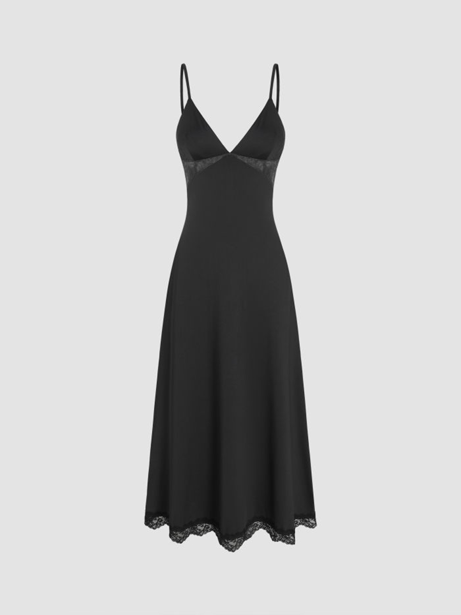 Lace Hem Satin V-Neck Midi Dress