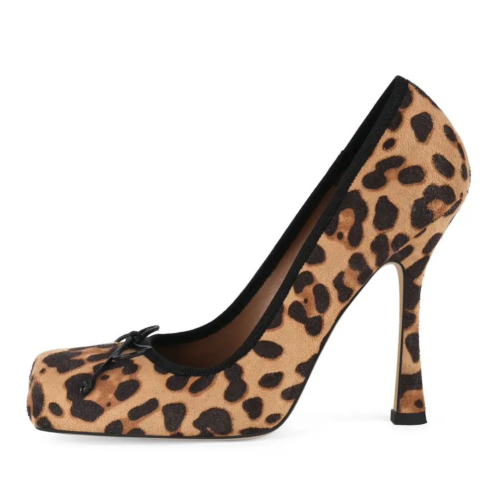 Suede Finish Leopard Pattern Square Toe Stiletto Pumps