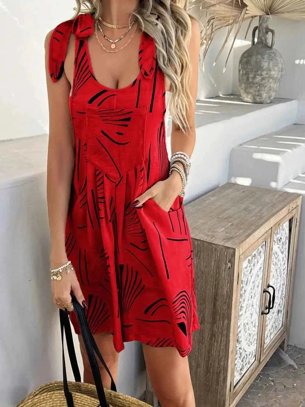 Printed Tie Shoulder Overalls With Pockets