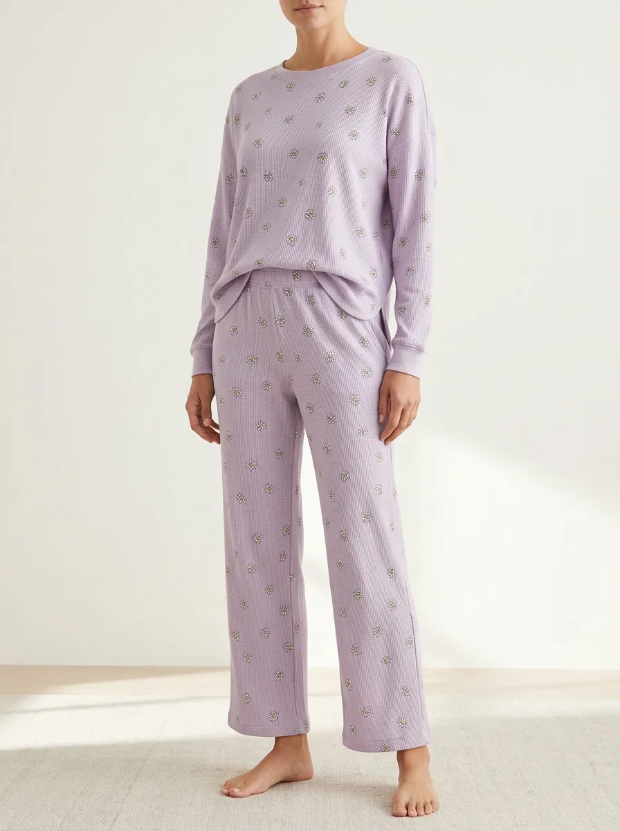 Women's Daisy Waffle-Texture Crewneck Straight-Leg Lounge Set