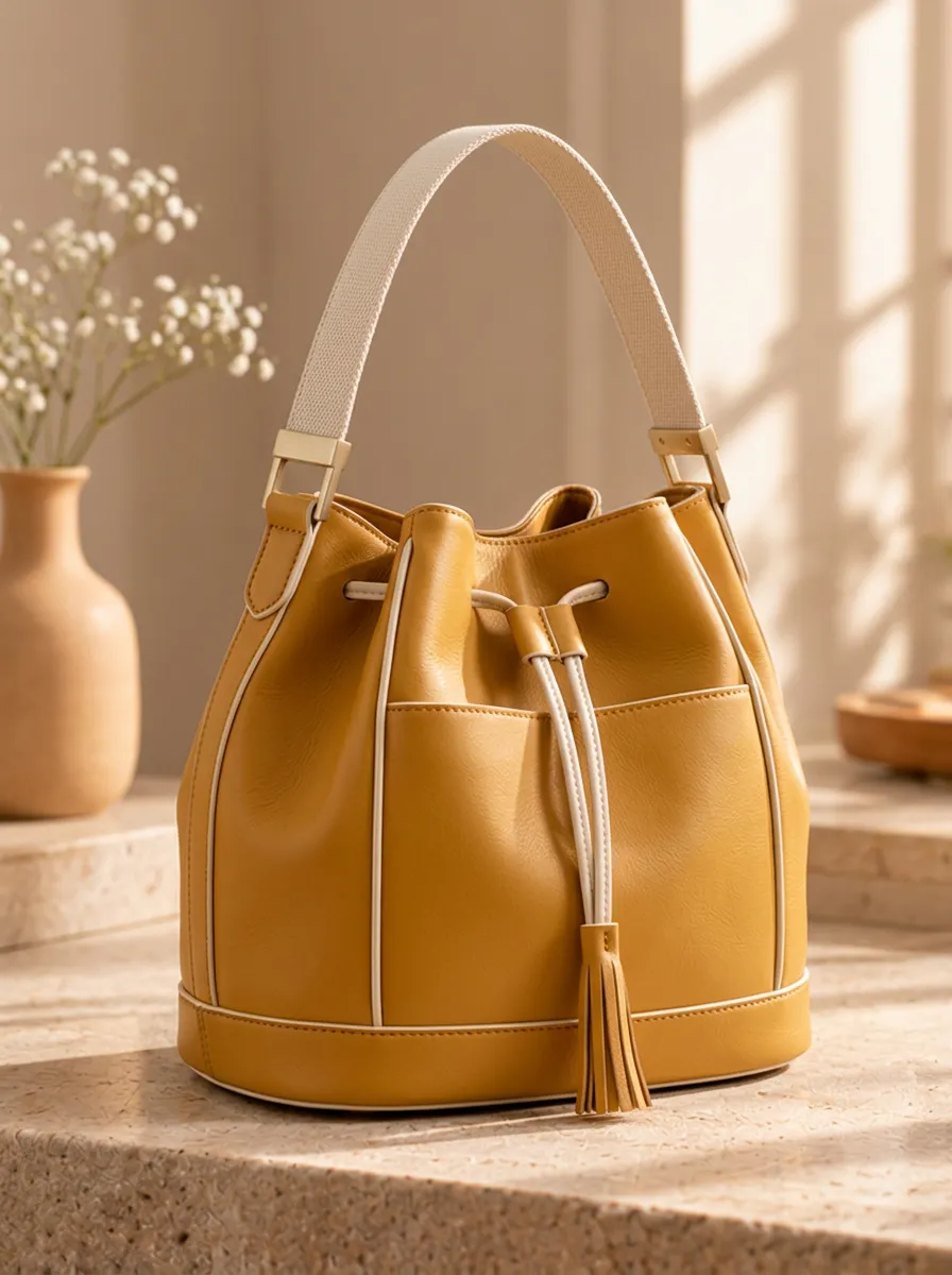 Mustard Yellow Drawstring Tassel Bucket Handbag
