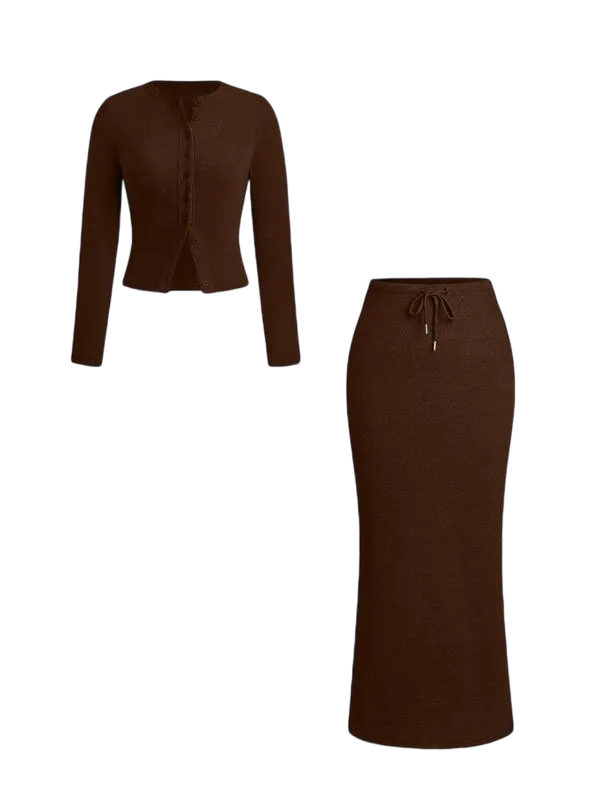 Women's Slim-Fit Long Sleeve Knitted T-Shirt Set, Elegant A-Line Skirt, Spring & Fall Fashion, Basic Style, Moderate Fabric