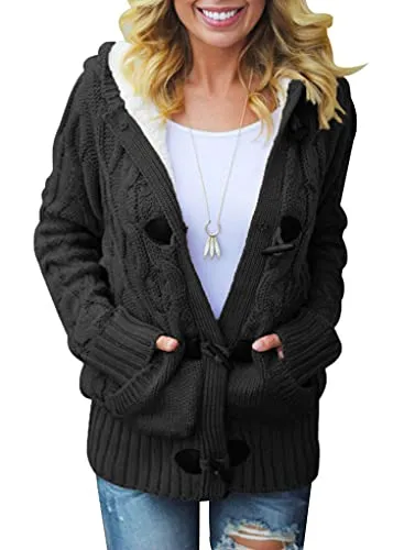 Women Hooded Knit Cardigans Button Cable Sweater Coat