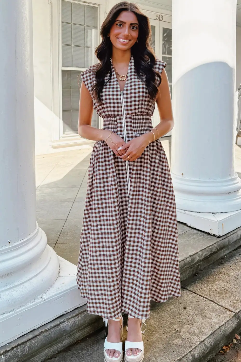 Plaid Printed Zip Front Maxi Dress