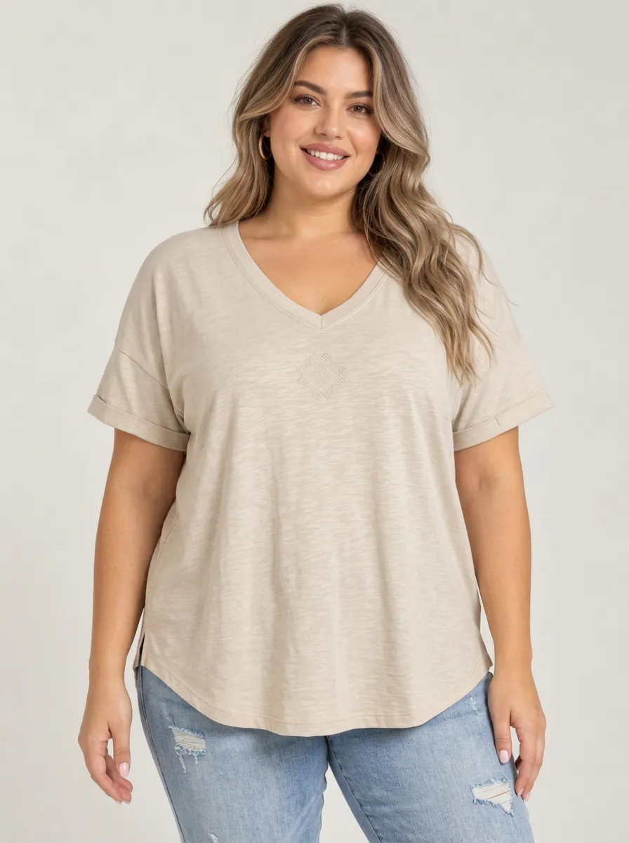 Women's Plus Size V Neck Loose Fit Tee with Plus Size V Neck Relaxed Fit Detail