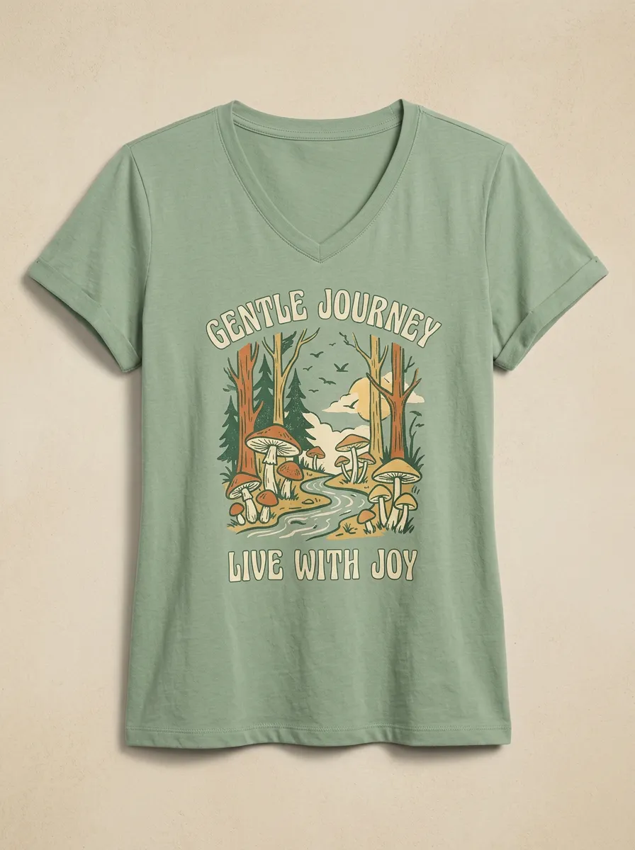 Women's Nature Mushroom Forest Gentle Journey Print V-Neck T-Shirt