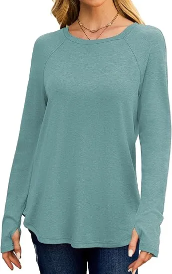Womens Tunic Tops to Wear with Leggings Long Sleeve Thumb Hole Shirts Crew Neck Curved Hem