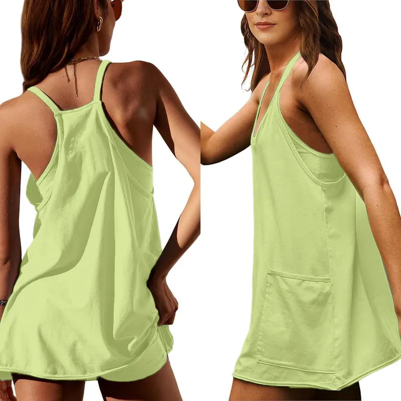 Women'S Womens Athletic Sleeveless Mini Dress With Built-In Shorts V Neck Spaghetti Strap Short Tennis Dress With Pockets