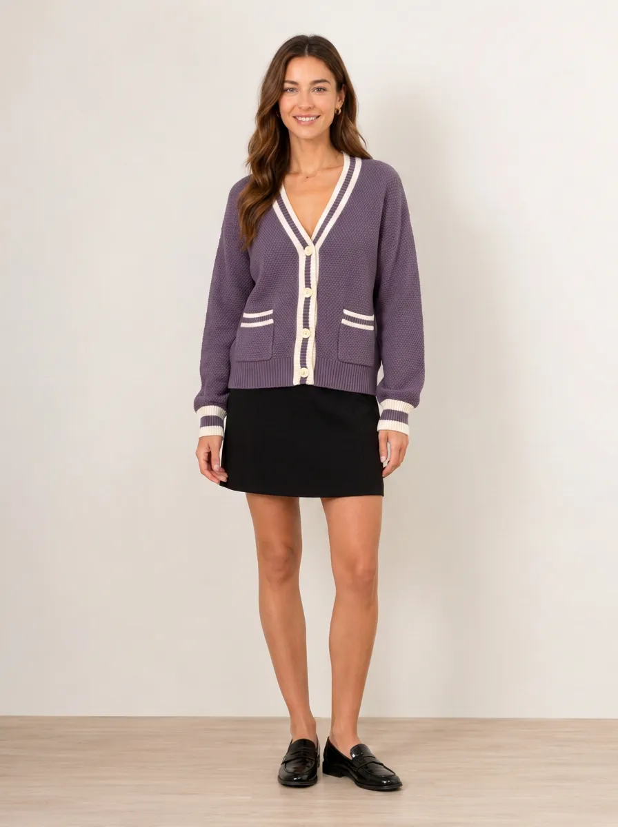 Women's Casual V-Neck Purple Contrast Trim Button-Down Cardigan