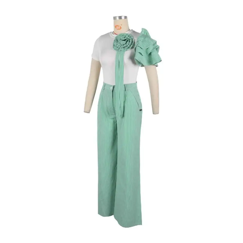 Everyday Crew-neck Short-sleeved Striped Wide-leg Pants Palazzo Set