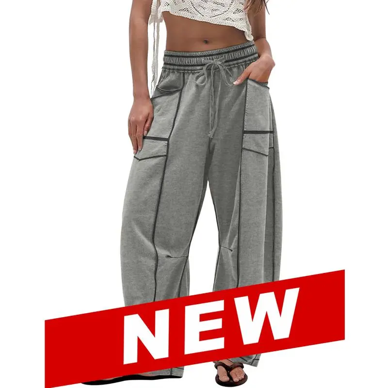 8PACKWomen'S Baggy Barrel Pants Wide Leg LoungeDrawstring Sweatpants With Pockets Minimalist BottomsCasual Style Comfortable Breathable