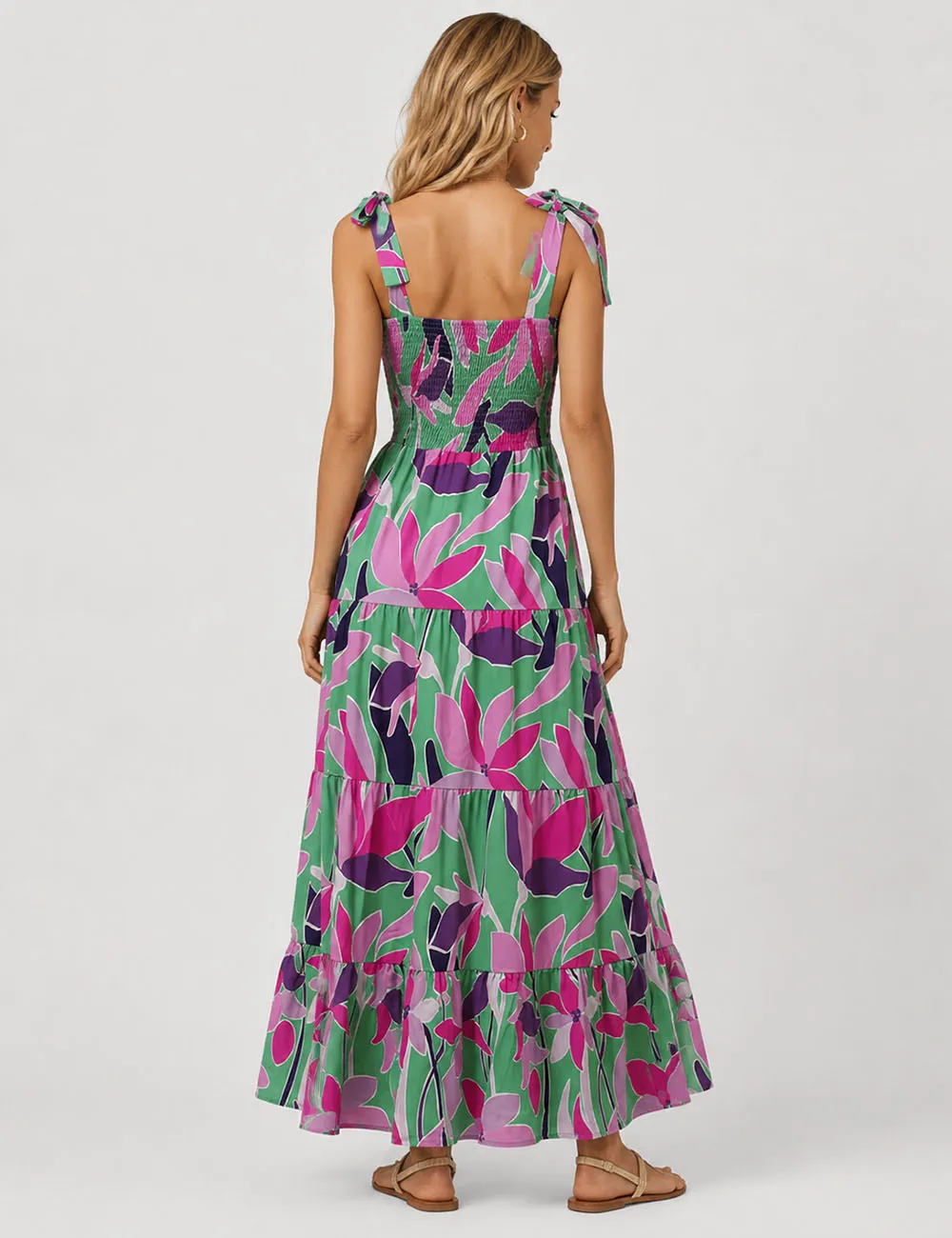 Abstract Smocked Strap Square Neck Midi Dress